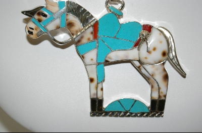 +MBA #7587  Artist Signed  "MN Myra Nastacio" Inlay Blue Turquoise & Multi Gem Sterling Horse Pendant