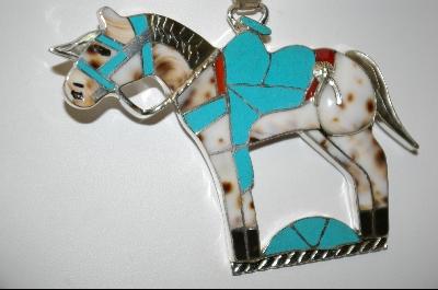 +MBA #7587  Artist Signed  "MN Myra Nastacio" Inlay Blue Turquoise & Multi Gem Sterling Horse Pendant