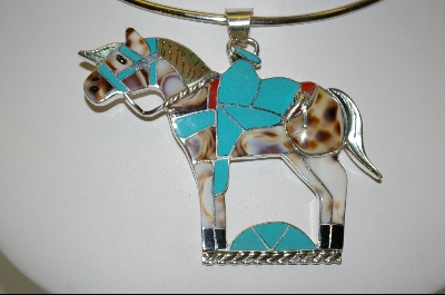 + MBA #7591  "Artist Signed "MN Myra Nastacio"   Blue Turquoise & Multi Gem Inlay Sterling Horse Pendant