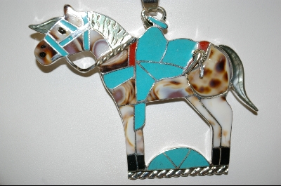+ MBA #7591  "Artist Signed "MN Myra Nastacio"   Blue Turquoise & Multi Gem Inlay Sterling Horse Pendant