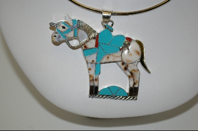 + MBA #7574   " Artist Signed "MN Myra Nastacio" Blue TQ & Multi Gem Sterling Inlay Horse Pendant