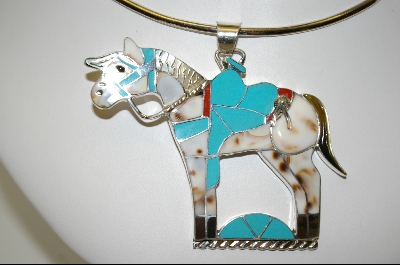 + MBA #7574   " Artist Signed "MN Myra Nastacio" Blue TQ & Multi Gem Sterling Inlay Horse Pendant