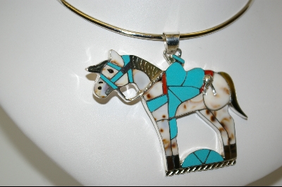 + MBA #7574   " Artist Signed "MN Myra Nastacio" Blue TQ & Multi Gem Sterling Inlay Horse Pendant