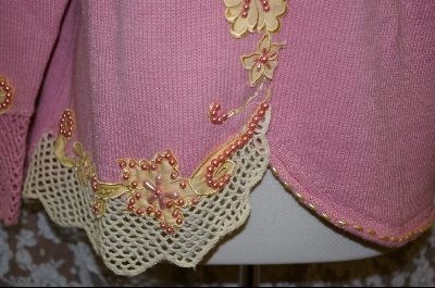 +MBA #7916   "Pink StoryBook Sweater With Yellow Applique Flowers & Pink Pearls
