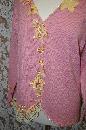 +MBA #7916   "Pink StoryBook Sweater With Yellow Applique Flowers & Pink Pearls