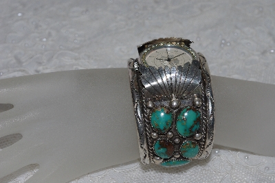 +MBATQ #2-090  "Large Artist "Bear Hallmark With FF Inside It"  Signed Green Turquoise Cuff Style Watch"