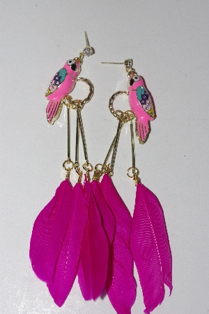 +MBAMG #00016-0140  "Fancy 5" Pink Enameled Parrot Feather Earrings" 