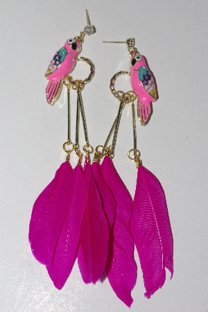 +MBAMG #00016-0140  "Fancy 5" Pink Enameled Parrot Feather Earrings" 