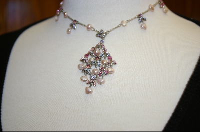 +  Pink Crystal & Fresh Water Pearl Necklace With Matching Pierced Earrings
