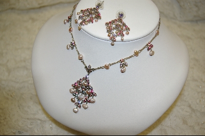 +  Pink Crystal & Fresh Water Pearl Necklace With Matching Pierced Earrings