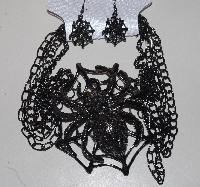 +MBAM #421-0104  "Large 4 Strand Black Metal  Spider Necklace & Matching Earring Set"