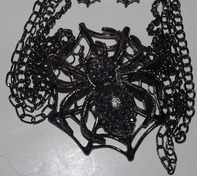 +MBAM #421-0104  "Large 4 Strand Black Metal  Spider Necklace & Matching Earring Set"