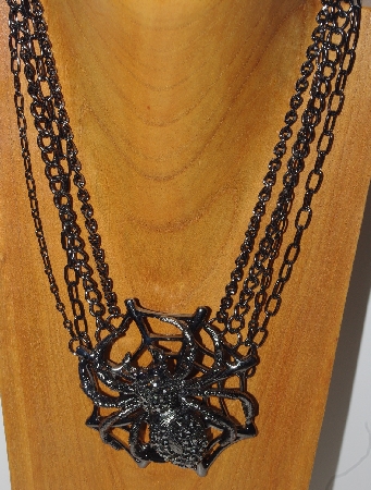+MBAM #421-0104  "Large 4 Strand Black Metal  Spider Necklace & Matching Earring Set"