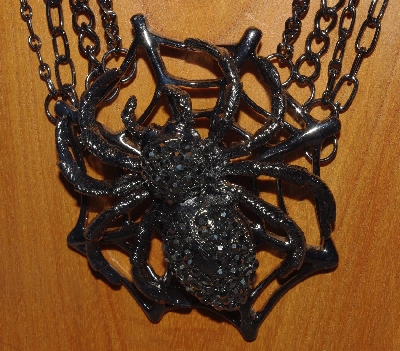 +MBAM #421-0104  "Large 4 Strand Black Metal  Spider Necklace & Matching Earring Set"