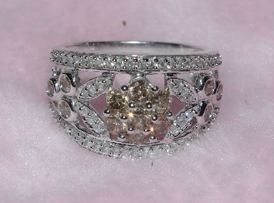 +Lamps II #0136  "14K White Gold Champagne & White Diamond Center Flower Ring"