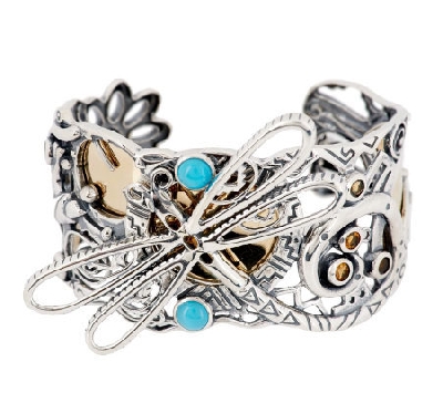 +MBA #1616-0198   "Fritz Casuse Bold Dragonfly Multi-Gemstone Sterlying/Brass Cuff Bracelet"