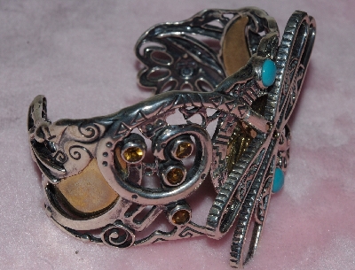 +MBA #1616-0198   "Fritz Casuse Bold Dragonfly Multi-Gemstone Sterlying/Brass Cuff Bracelet"