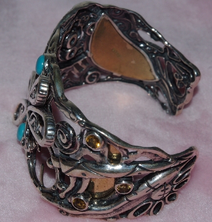 +MBA #1616-0198   "Fritz Casuse Bold Dragonfly Multi-Gemstone Sterlying/Brass Cuff Bracelet"