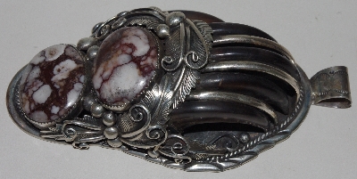 +MBA #1616-260  "M. Tsosie Signed Fancy Sterling Crazy Horse Bear Claw Large Pendant"