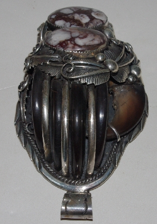 +MBA #1616-260  "M. Tsosie Signed Fancy Sterling Crazy Horse Bear Claw Large Pendant"