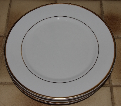 +MBA #2828-279  "Set Of 4 Wallace White China Gold Trimed Dinner Plates"