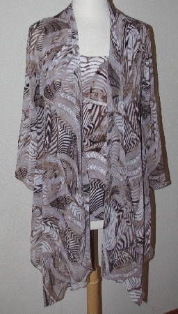 +MBA #3030-0116  "Kate & Mallory Taupe Printed Chiffon Roll Tab Sleeved Cascade Cardigan & Knit Tank Set"