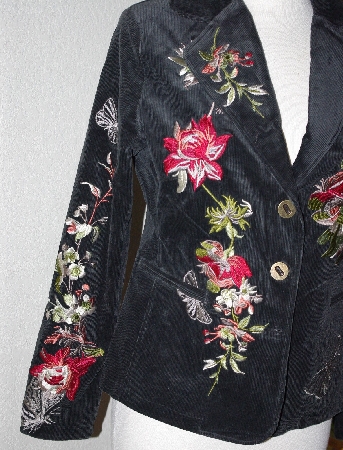 +MBA #2929-0001    "Paparazzi Black Embroidered Floral Butterfly Corduroy Blazer"