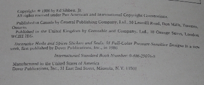 +MBA #3939-184   "1986 Decorative Herbs & Spices Stickers & Seals By Ed Sibbett Jr." Paper Back