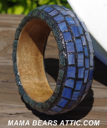 +MBA #5556-202  "Black Trim & Lavender Mixed Blue Stained Glass Bangle Bracelet"