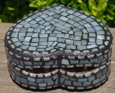 +MBA #5558-253  "Grey Stained Glass Heart Shaped Jewelry Trinket Box"
