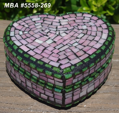 +MBA #5558-269  "Pink & Green Stained Glass Mosaic Heart Shaped Mosaic Jewelry Trinket Box"