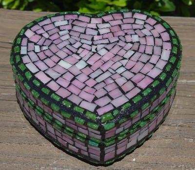+MBA #5558-269  "Pink & Green Stained Glass Mosaic Heart Shaped Mosaic Jewelry Trinket Box"