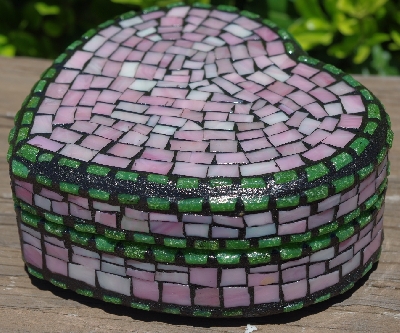 +MBA #5558-269  "Pink & Green Stained Glass Mosaic Heart Shaped Mosaic Jewelry Trinket Box"