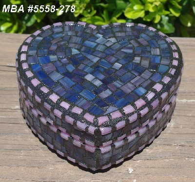 +MBA #5558-278  "Pink, Blue & Lavender Stained Glass Heart Shaped Mosaic Jewelry Trinket Box"