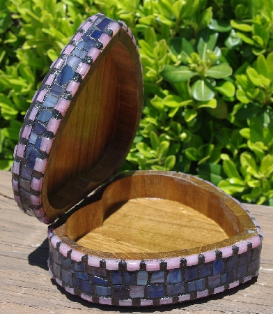 +MBA #5558-278  "Pink, Blue & Lavender Stained Glass Heart Shaped Mosaic Jewelry Trinket Box"