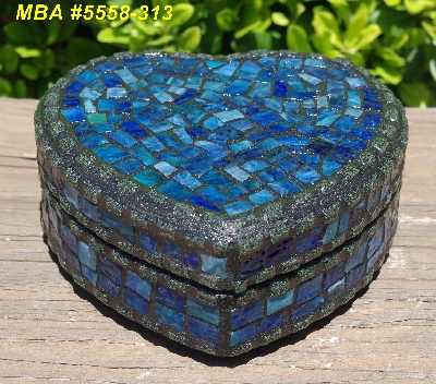 +MBA #5558-313  "Black & Multi Blue Stained Glass Heart Shaped Mosaic Jewelry Trinket Box"
