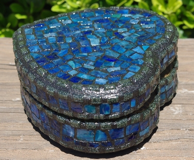 +MBA #5558-313  "Black & Multi Blue Stained Glass Heart Shaped Mosaic Jewelry Trinket Box"