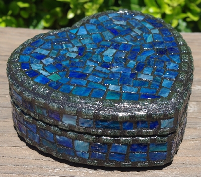 +MBA #5558-313  "Black & Multi Blue Stained Glass Heart Shaped Mosaic Jewelry Trinket Box"