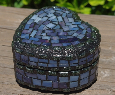 +MBA #5558-335  " Small Black & Multi Lavender Blue Satined Glass Heart Shaped Mosaic Jewelry Trinket Box"