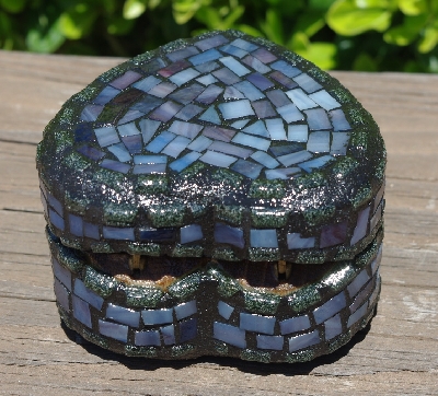 +MBA #5558-335  " Small Black & Multi Lavender Blue Satined Glass Heart Shaped Mosaic Jewelry Trinket Box"