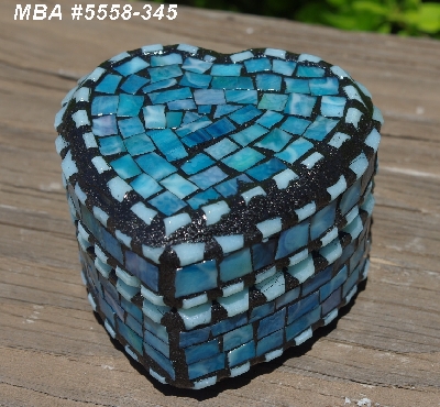 +MBA #5558-345  "Small Multi Blue Stained Glass Heart Shaped Mosaic Jewelry Trinket Box"