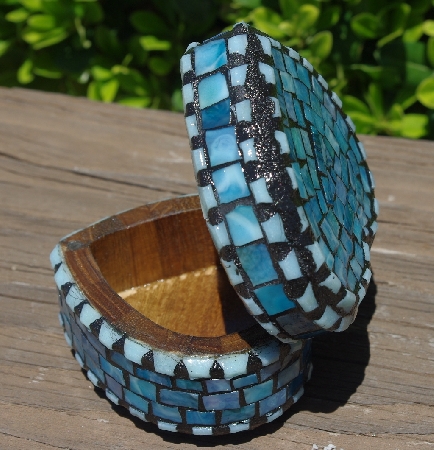 +MBA #5558-345  "Small Multi Blue Stained Glass Heart Shaped Mosaic Jewelry Trinket Box"