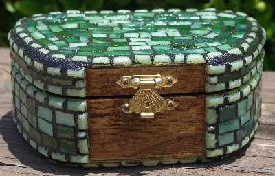 +MBA #5559-0033  "Multi Green Stained Glass Mosaic Jewelry Trinket Box"