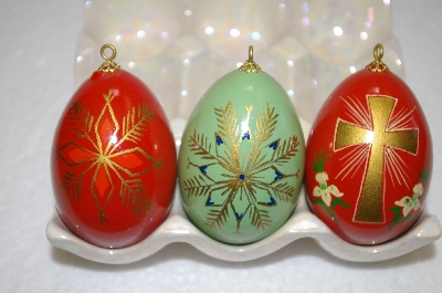 +MBA #12-017  Set Of 3 Beautifull Hand Painted Wooden Egg Ornaments