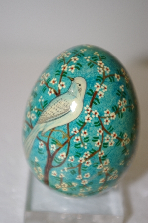 +MBA #12-171  1980's Blue Floral Dove Wooden Decoupage Egg