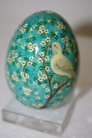 +MBA #12-171  1980's Blue Floral Dove Wooden Decoupage Egg