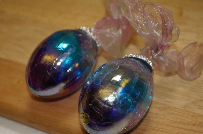 + MBA #15-029  Set Of 2 Hand Blown Crackle Glass Egg Ornaments