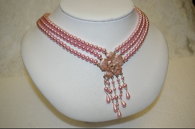 +  "2004  Majestic Simulated Pink  Pearl Three Strand Necklace