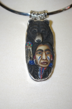 +MBA #16-351  Hand Carved & Painted Indian & Bear Pendant