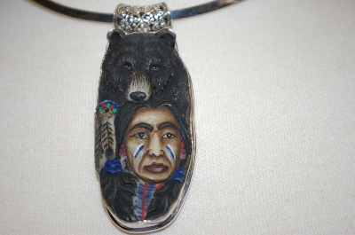 +MBA #16-351  Hand Carved & Painted Indian & Bear Pendant